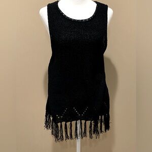 Pepin Womens Black Knitted Fringe Sleeveless Bohemian Top Size Medium.